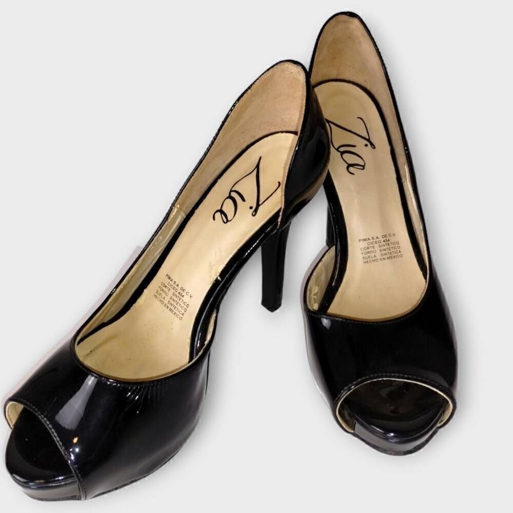 Zia Womens Shoes Sz 9 Black Patent Leather Heels Peep Toe Platform